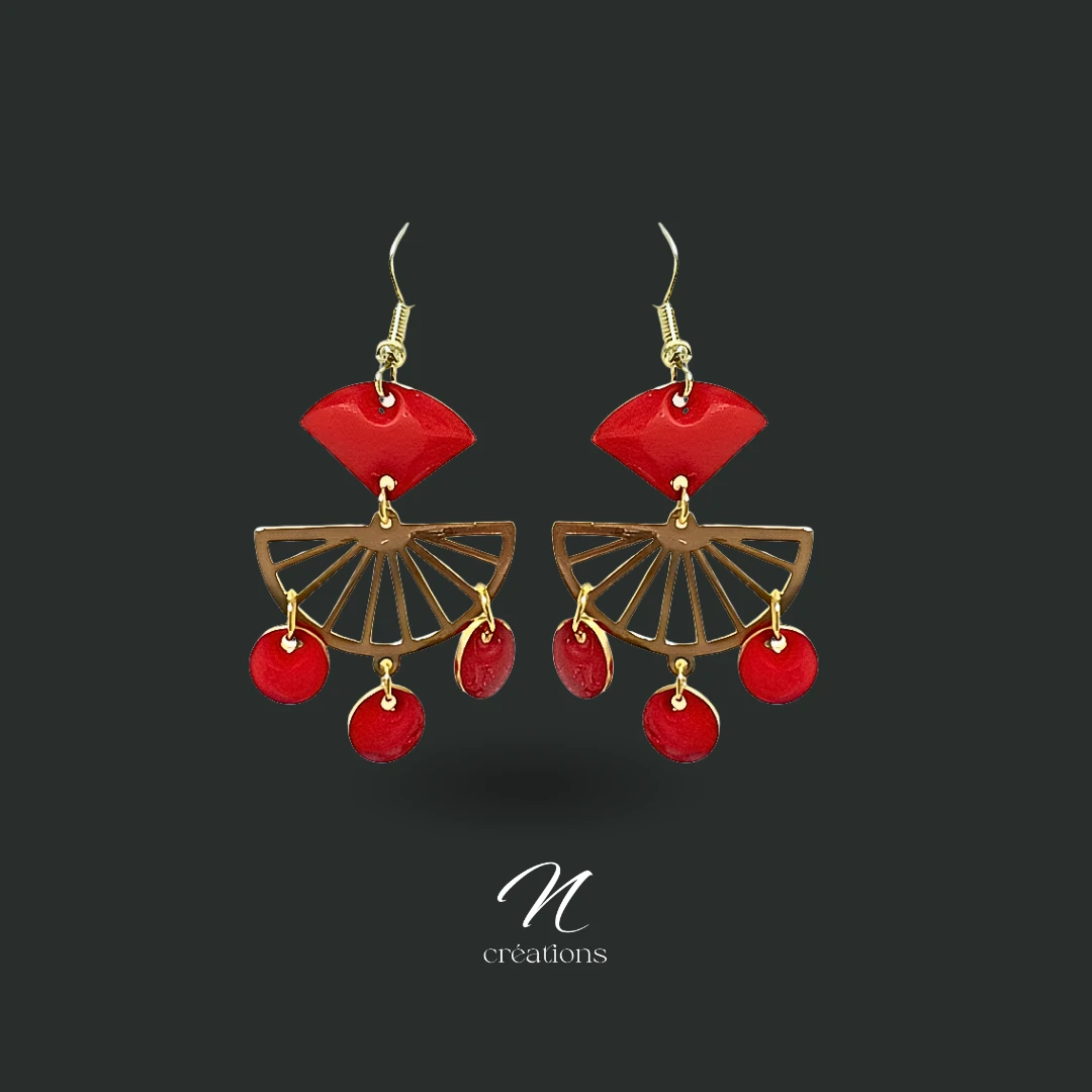 Boucles Éventails Dorés Émail Rouges