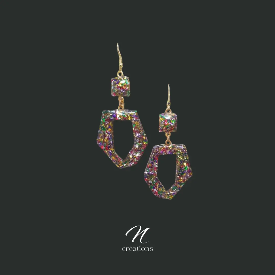 Boucles d'oreilles résine paillettes multicolores