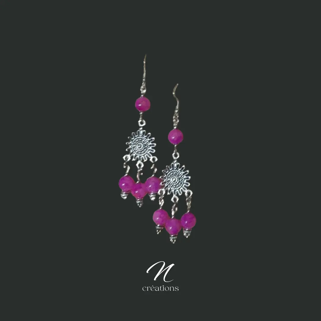 boucles-doreilles-rosaces-en-acier-inoxydable-et-perles-fuchsia-marbrees