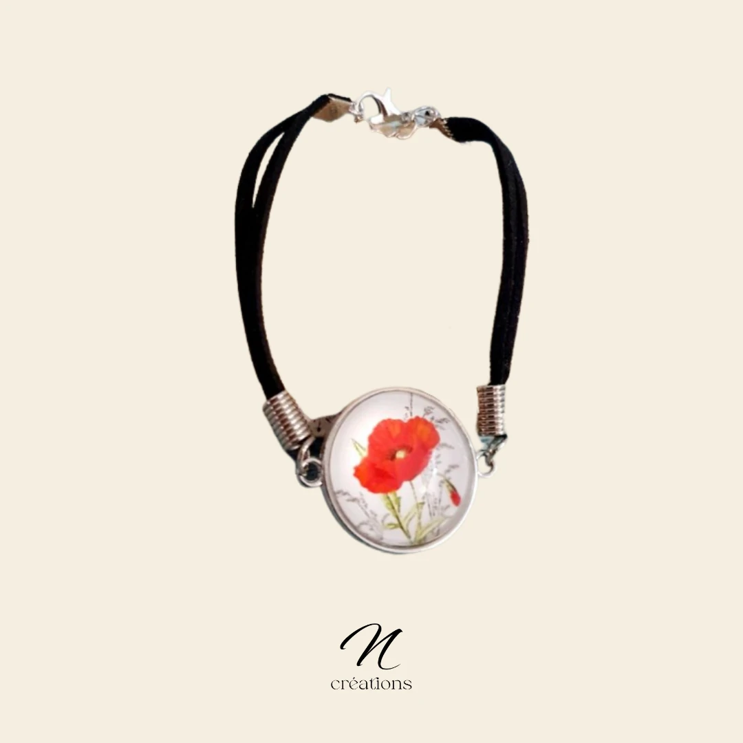 Bracelet velours noir coquelicots