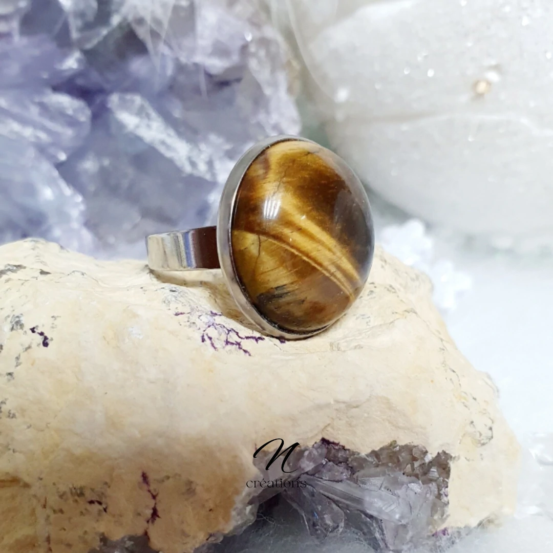 Bague réglable en acier avec œil de tigre