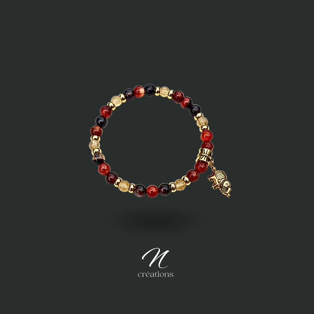 Bracelet Sardonyx & Citrine – Énergie positive, chance, protection. Création artisanale unique, taille 17,5 cm, pendentif éléphant porte-bonheur