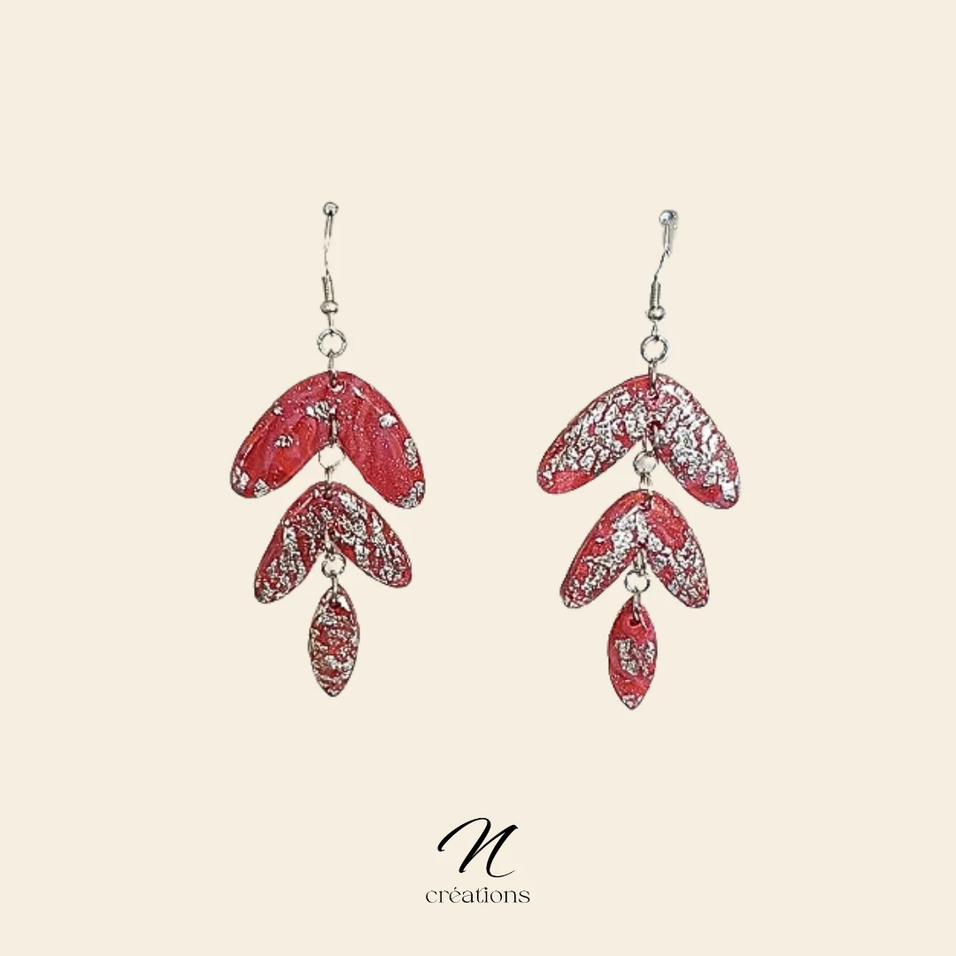 Boucles d’oreilles fuchsia et feuilles d’argent