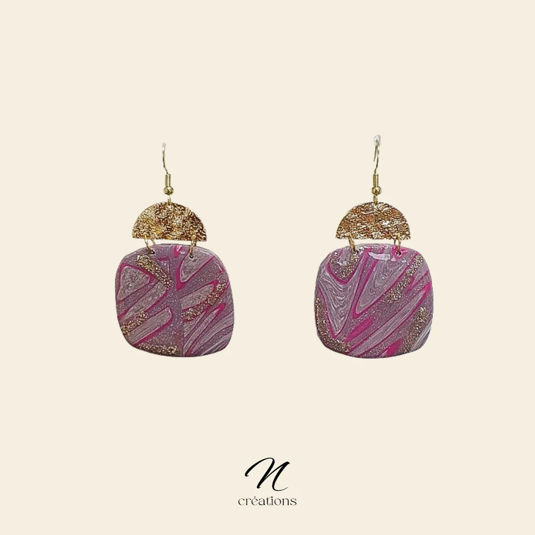 Boucles d’oreilles carrées mauve et fuchsia