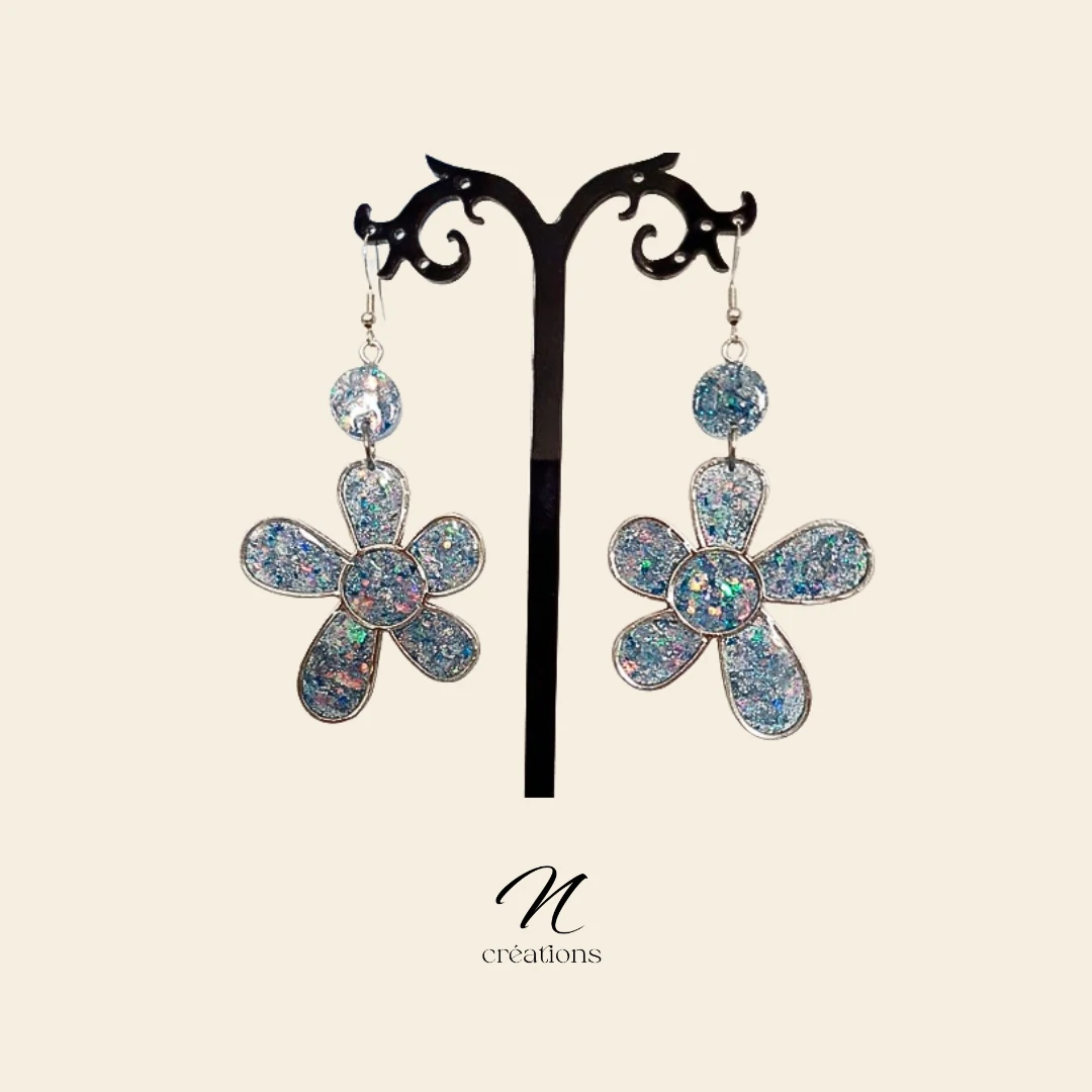 Boucles d’oreilles Fleurs Holographiques Bleu