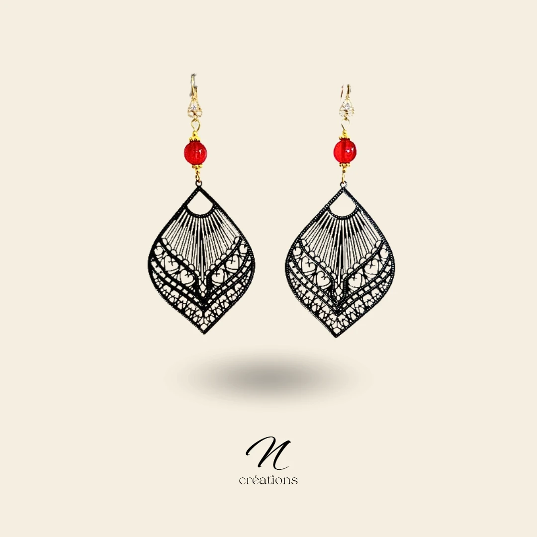 Boucles d'Oreilles Filigranes Gouttes Noires