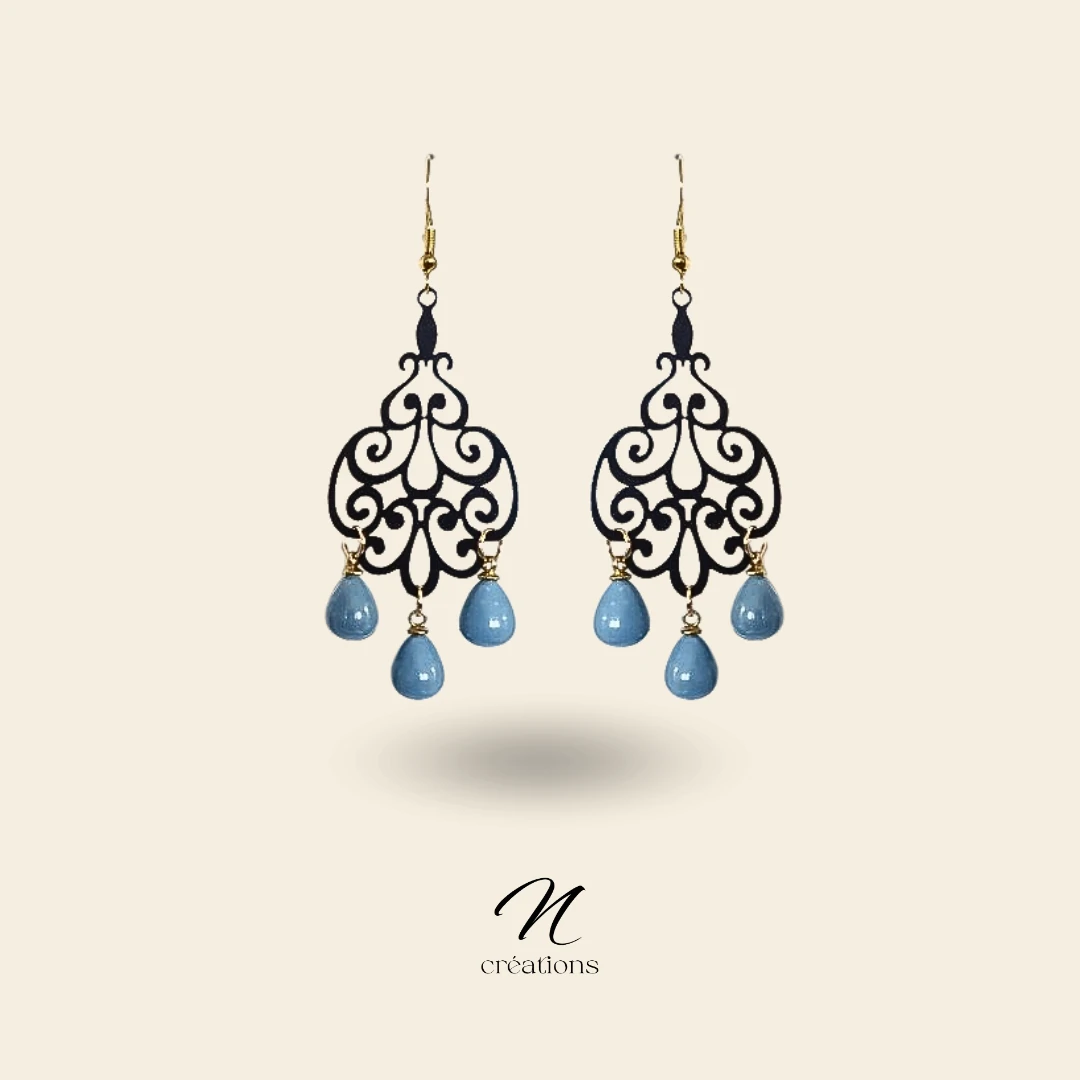 Boucles d'Oreilles Filigranes Volutes Noires et Gouttes Bleues