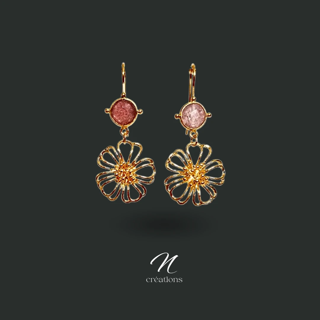 Boucles d'Oreilles Fleurs et Pierre de Lune