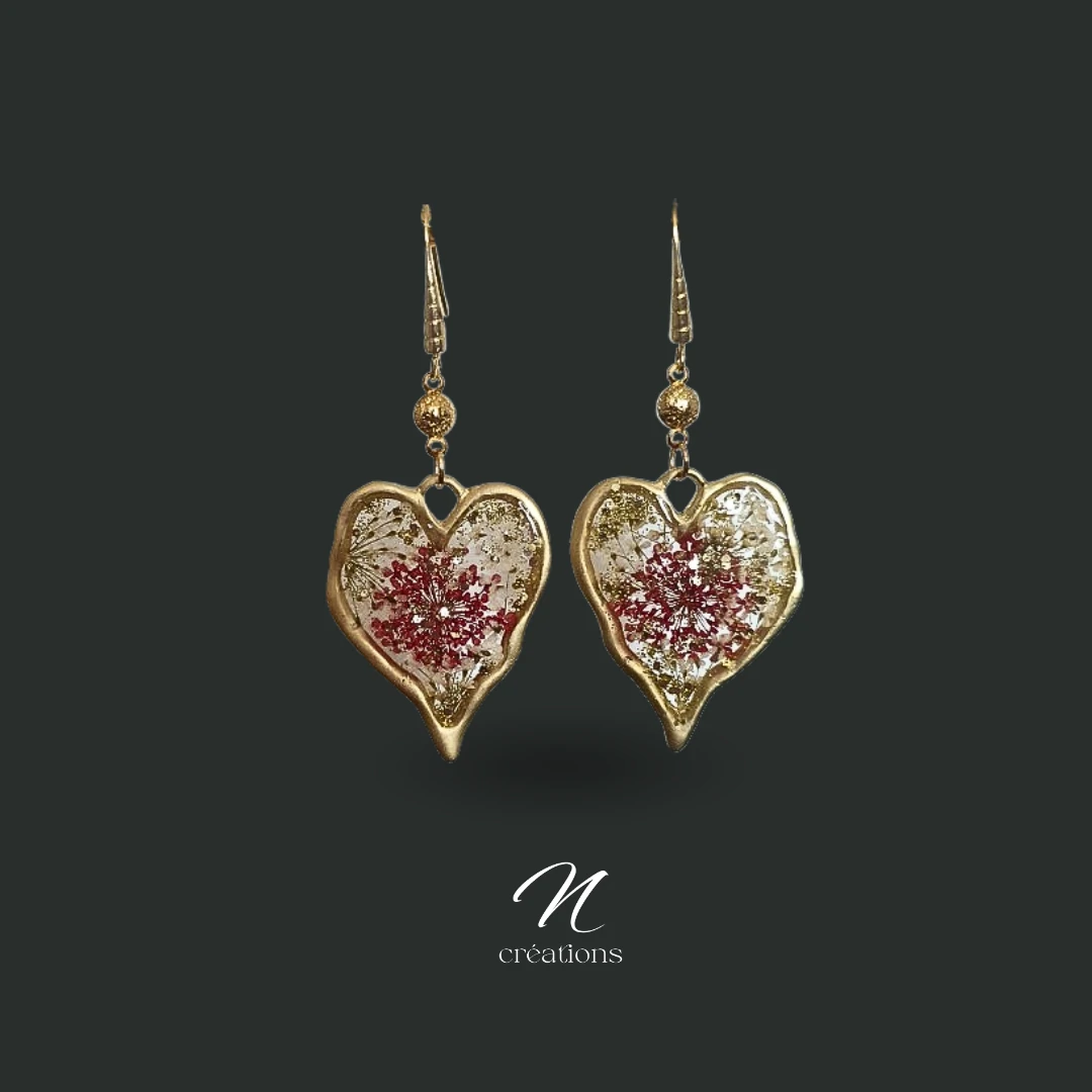 Boucles d’oreilles Cœurs fleurs rouge