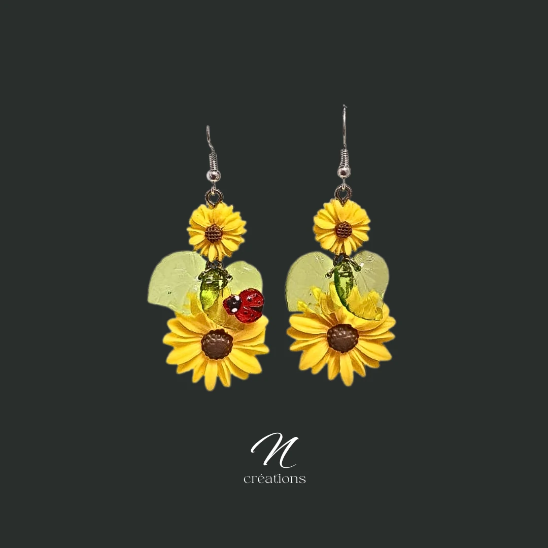 Boucles d’oreilles Tournesols et Coccinelle