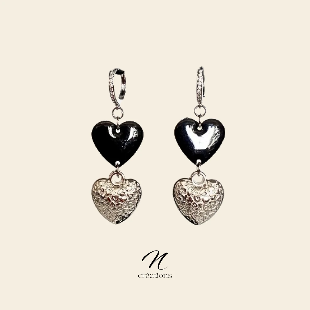 Créoles Cœurs Émail Noir