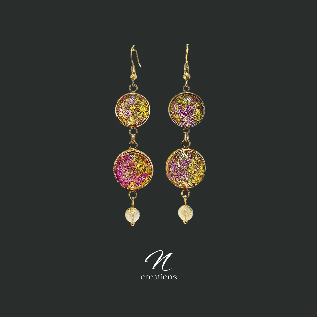 Boucles d'Oreilles Florales Citrine & Fleurs Séchées
