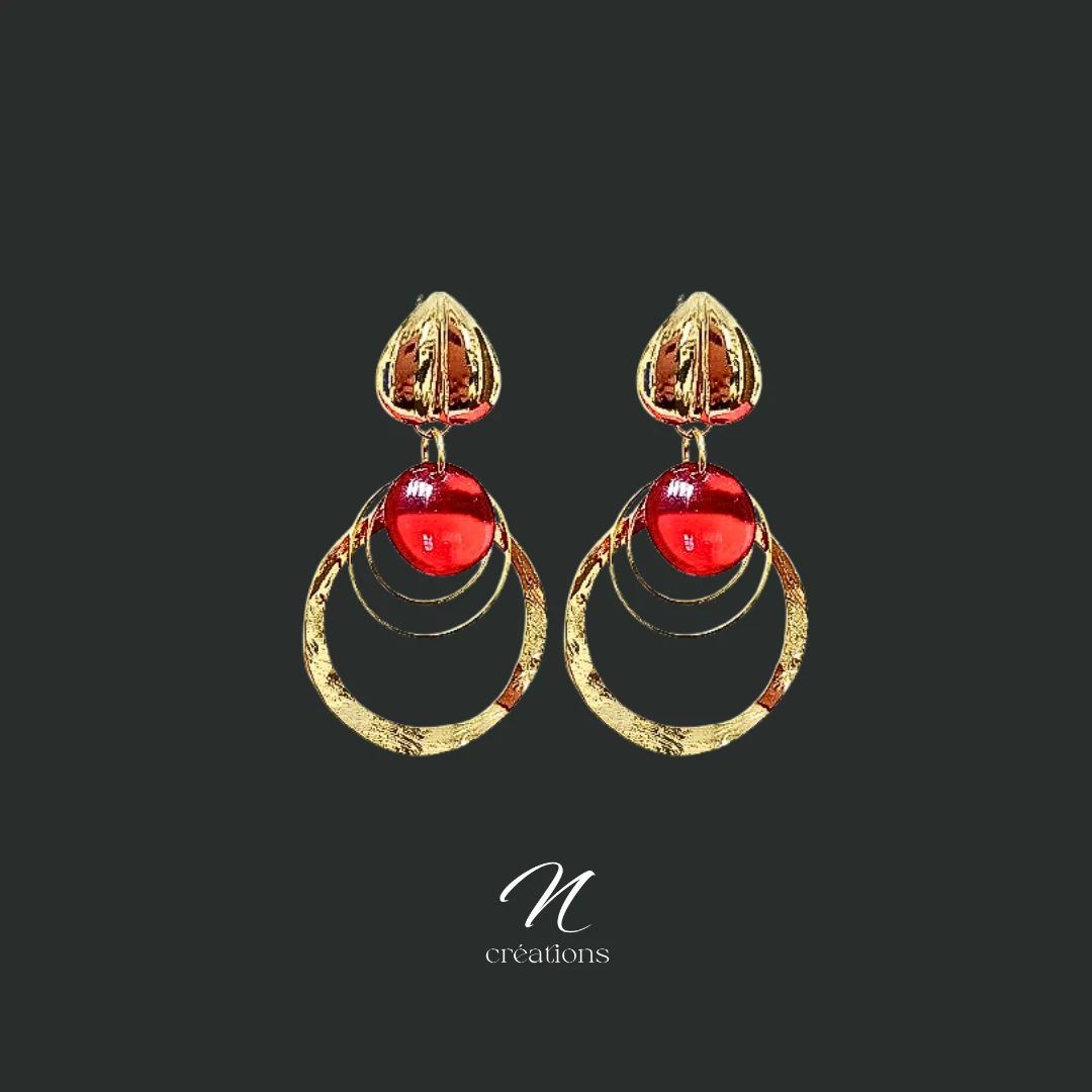 Créoles Martelées Or 24K Galets Rouge Cerise