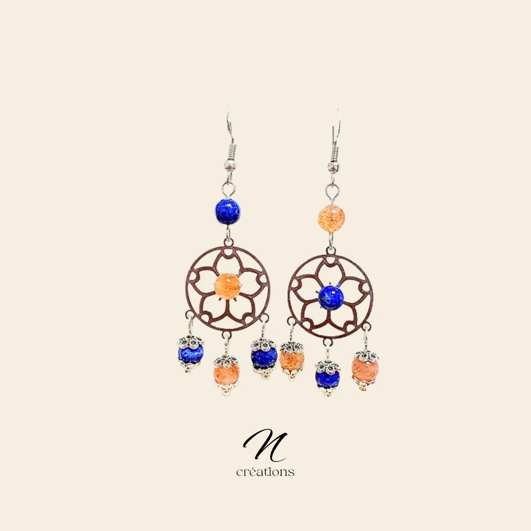 Boucles d'Oreilles Attrape-Rêves Lapis-Lazuli et Pierre de Soleil