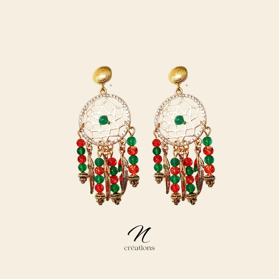 Boucles d'Oreilles Attrape-Rêves Plumes et Perles
