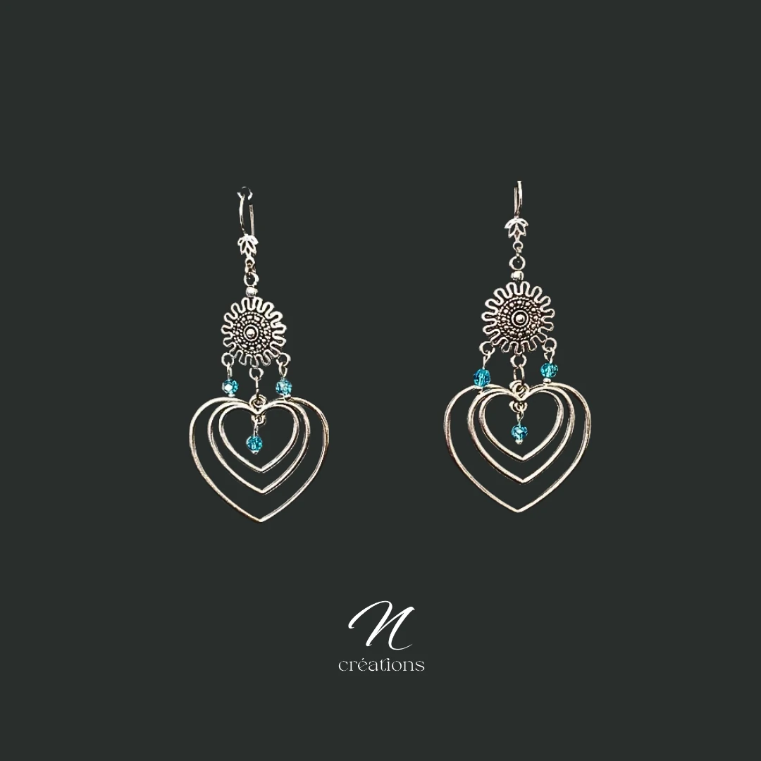 Boucles d'Oreilles 3 Cœurs en Acier Inoxydable avec Cristal Bleu Azur