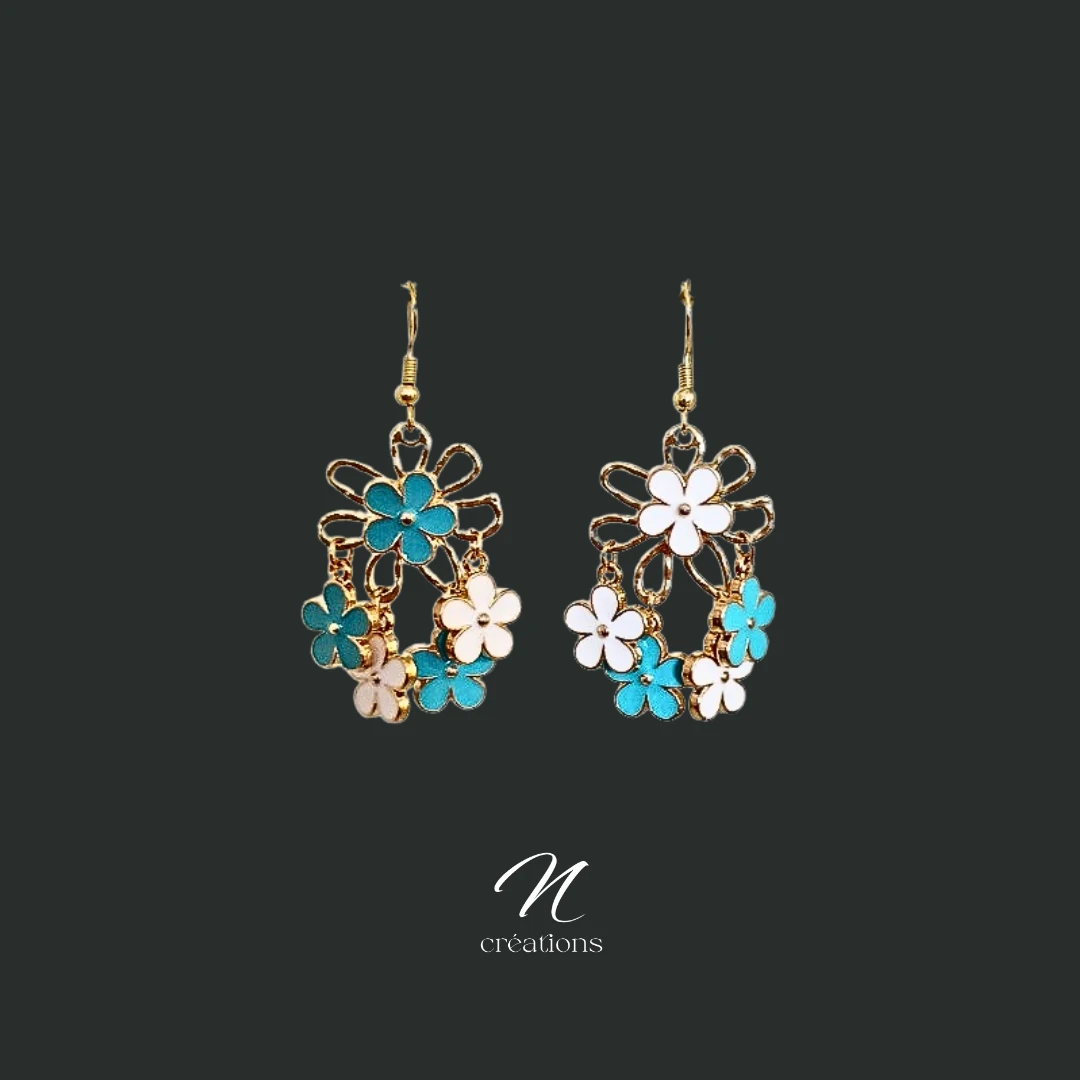 Boucles d'Oreilles Fleurs Bleues et Blanches
