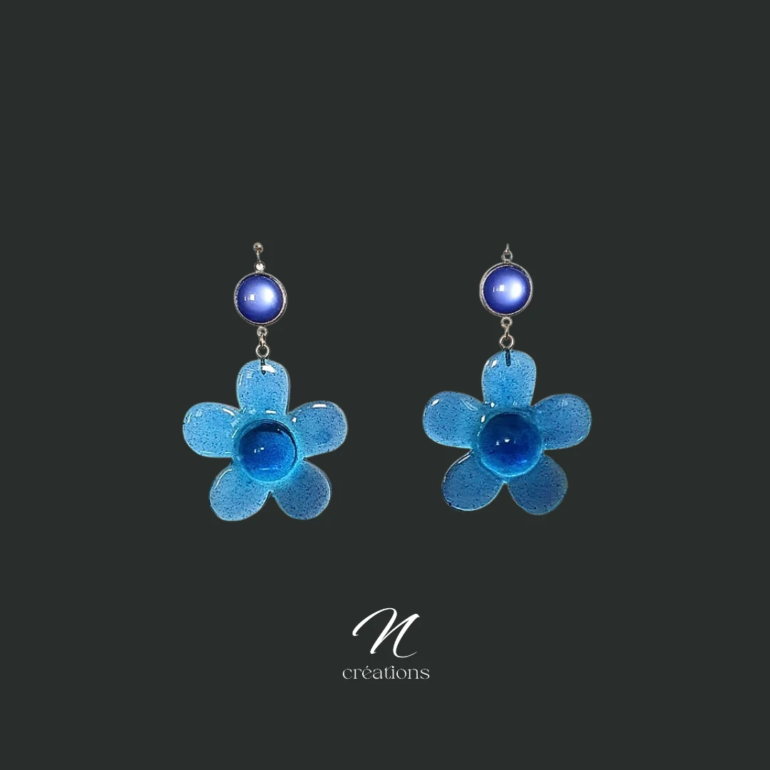Boucles d'Oreilles Fleurs Encre Vitrail Bleu