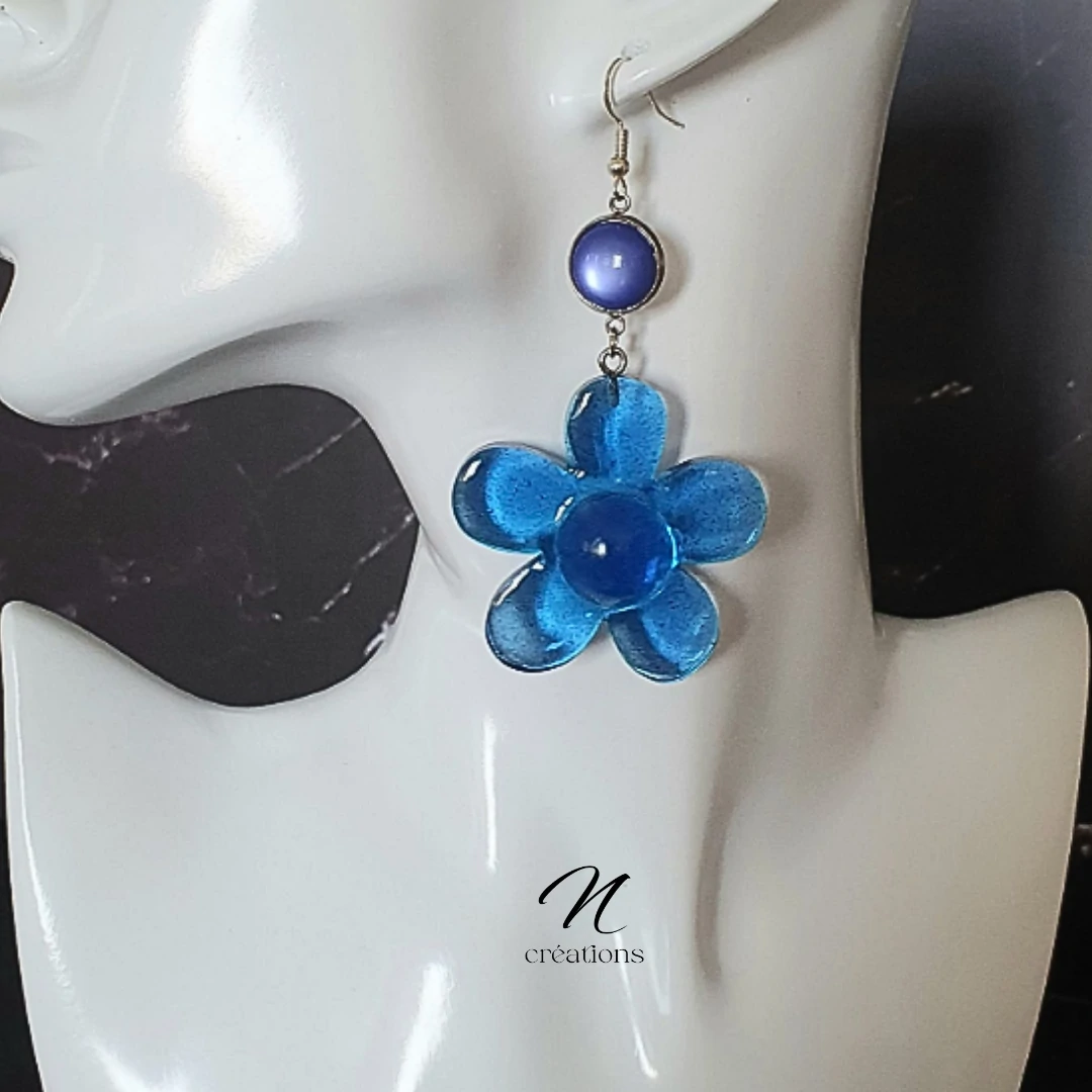 Boucles d'Oreilles Fleurs Encre Vitrail Bleu