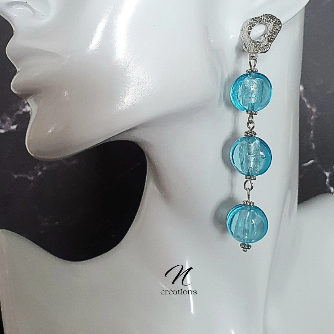 Boucles d'Oreilles Galets Verre Azur de Murano