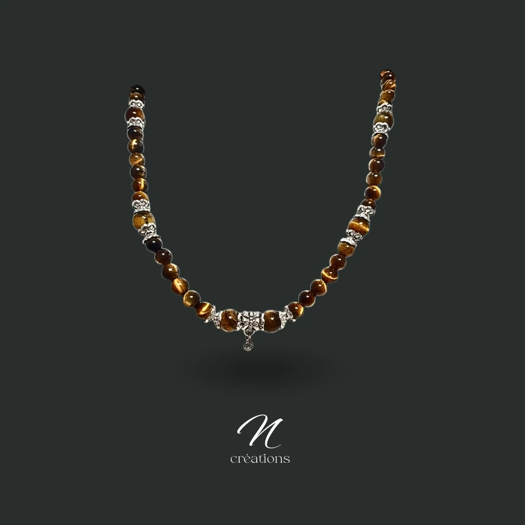 Collier Œil de Tigre Pendentif Cristal de Roche