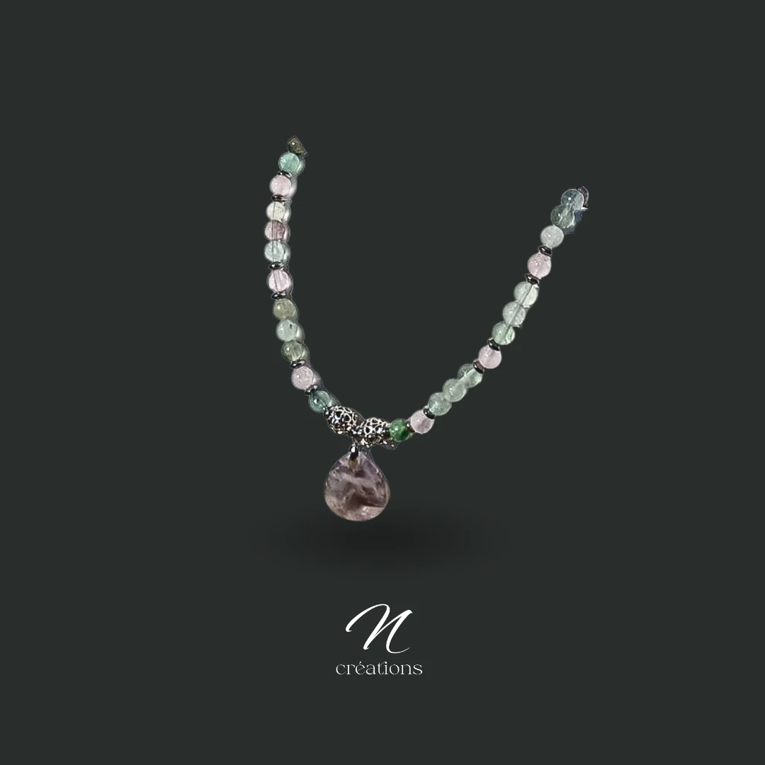 Collier Extensible Fluorite et Quartz Rose