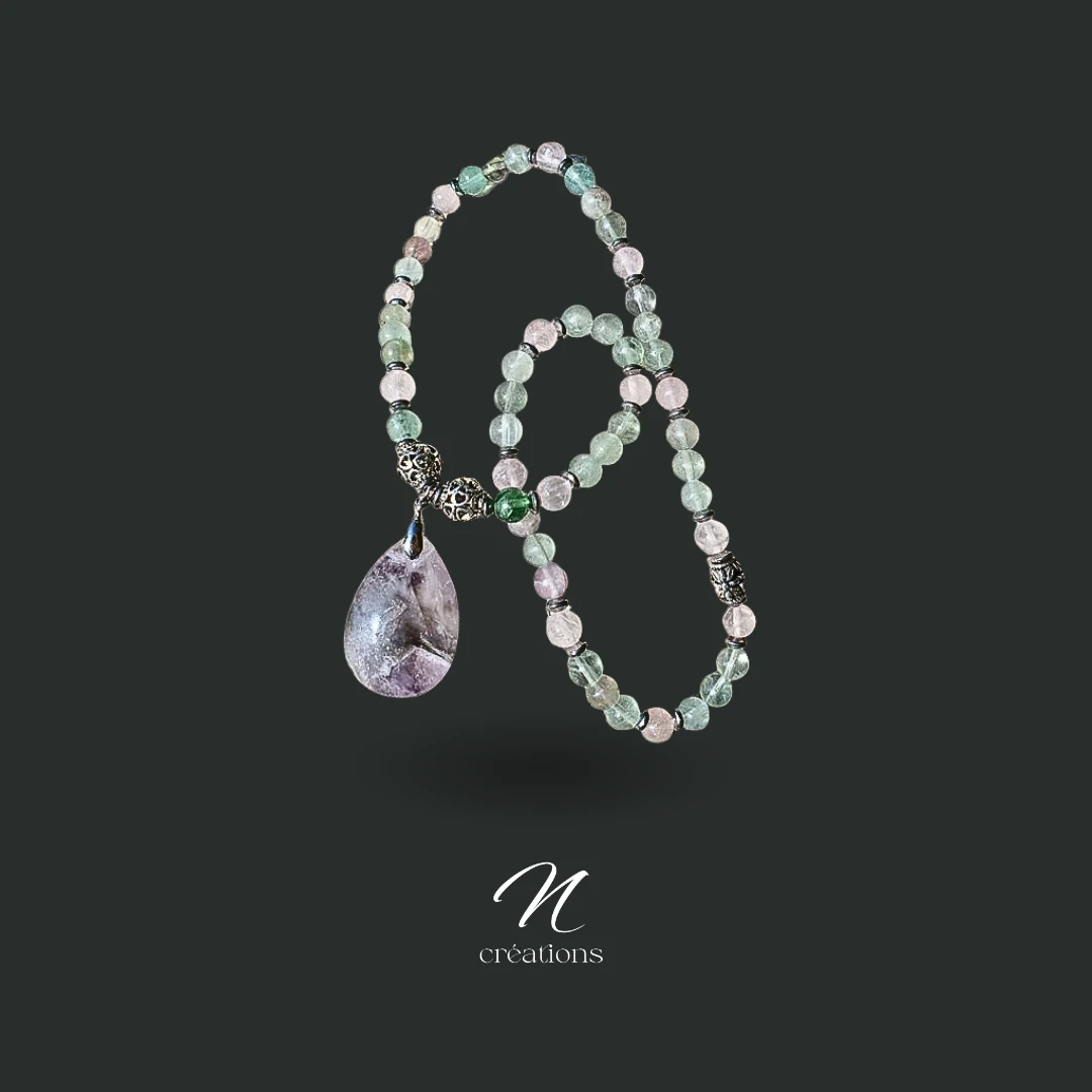 Collier Extensible Fluorite et Quartz Rose