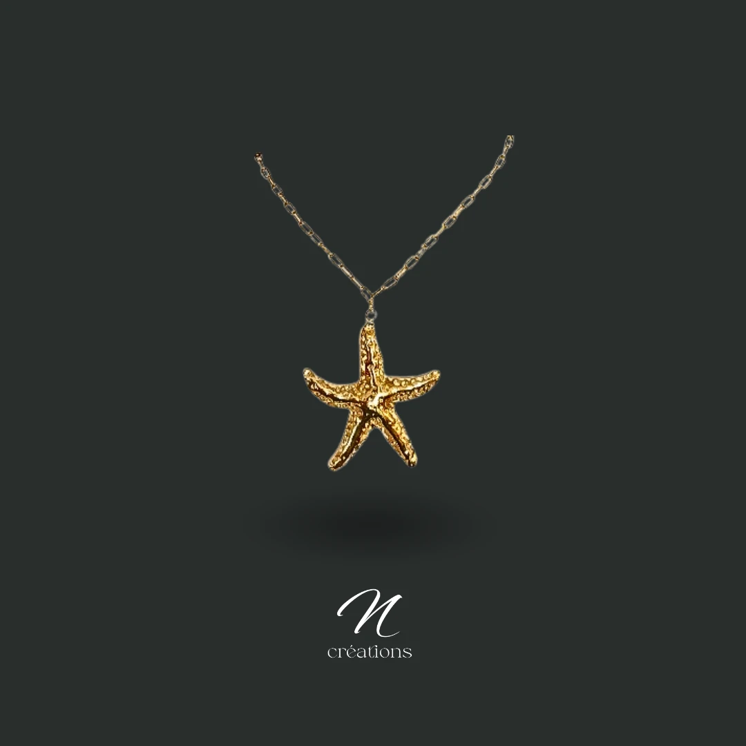 Collier Étoile de mer en acier doré inoxydable (45+5 cm). Pendentif 5x5 cm estival et raffiné. Création artisanale unique.