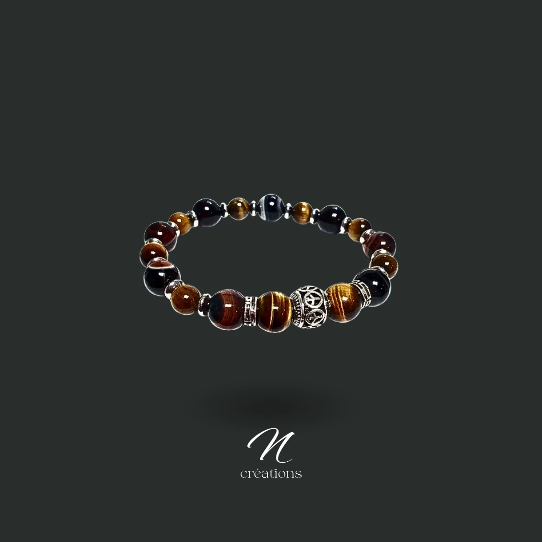 Bracelet homme XL en Sardonyx et Œil de Tigre. Protection, courage et volonté. Création artisanale unique avec finitions