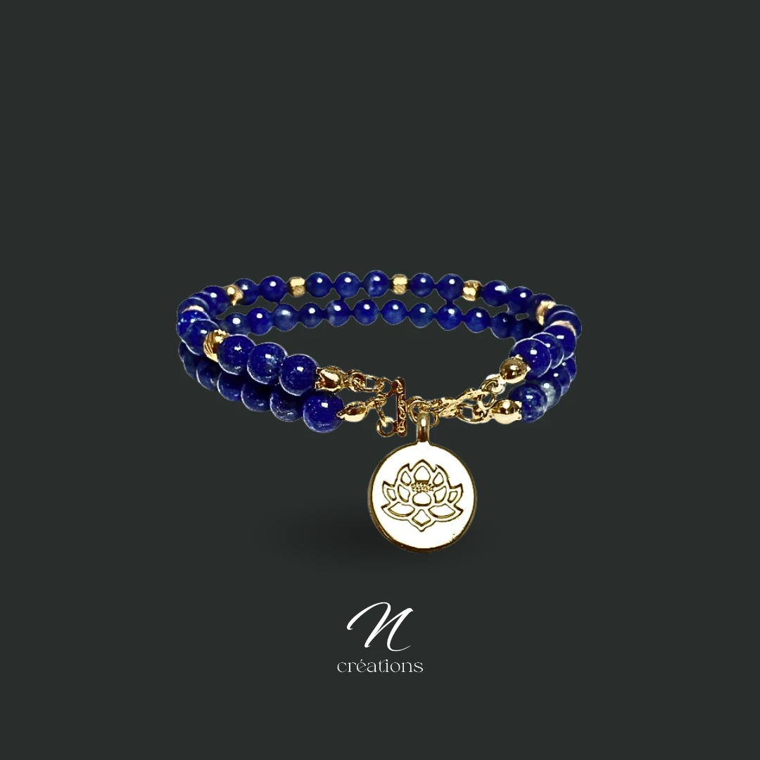 Bracelet Double Lapis-Lazuli Médaillon Lotus Doré