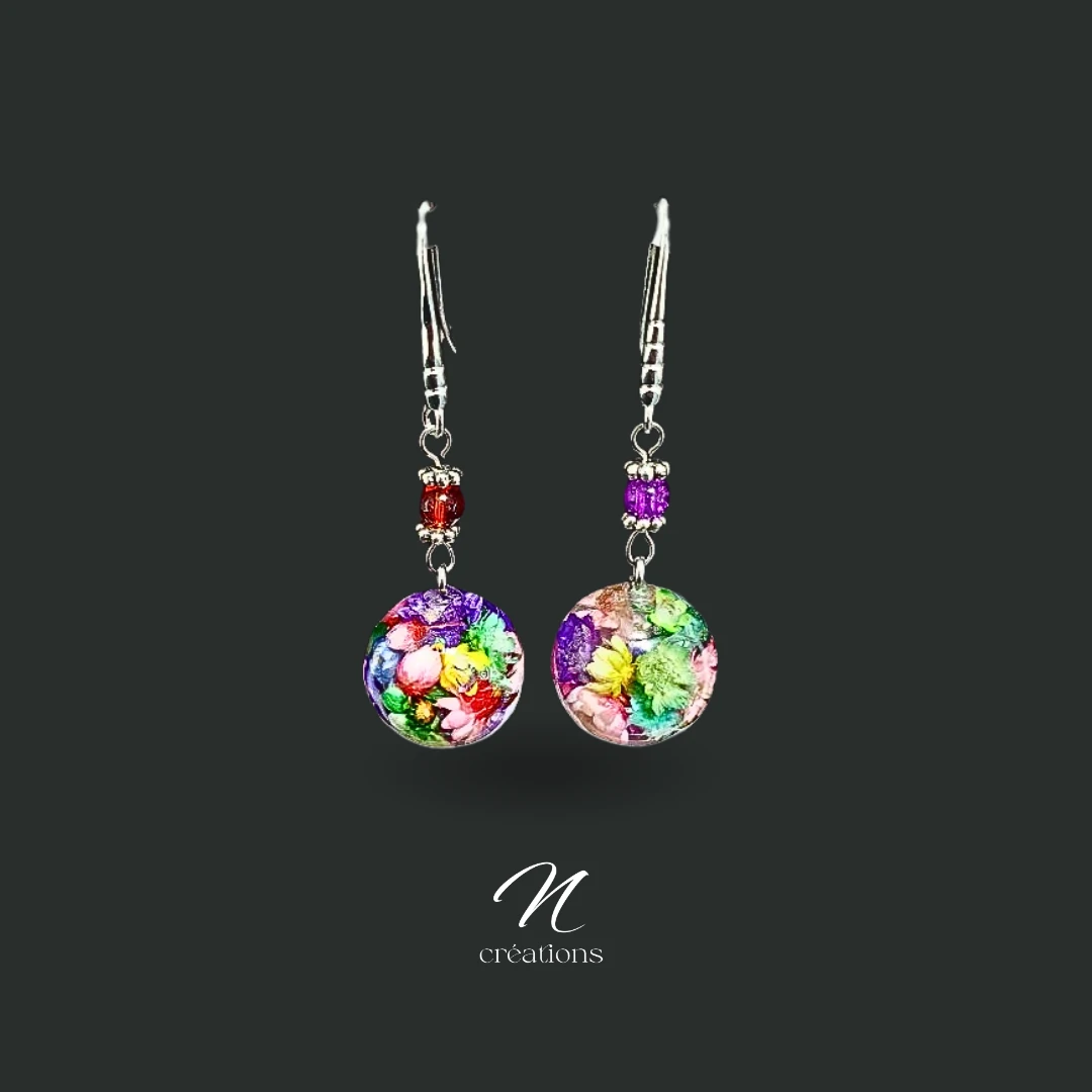 Boucles d'Oreilles Fleurs Séchées Multicolores