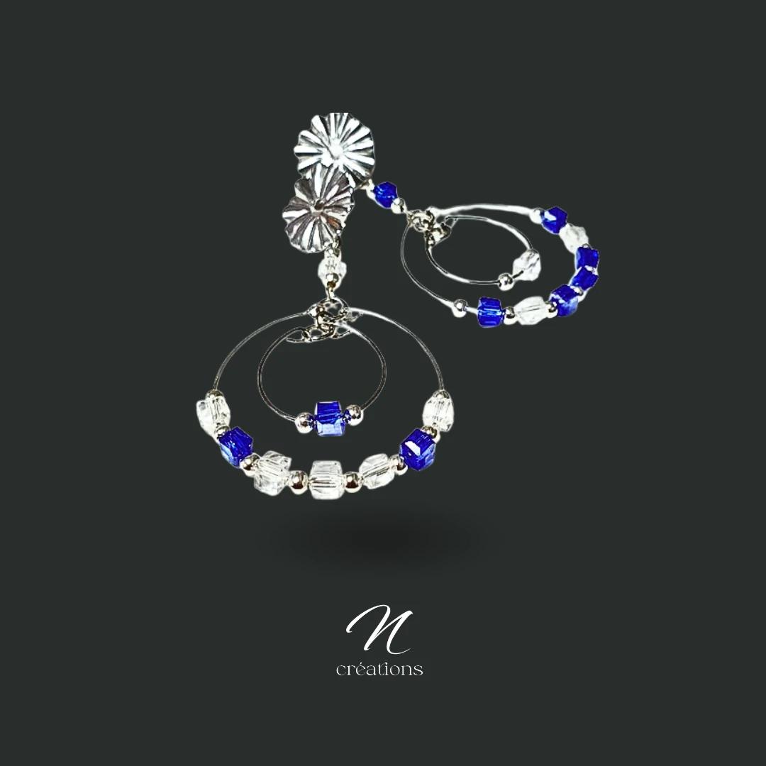 Boucles d'Oreilles Doubles Créoles en Acier Inoxydable avec Cubes de Cristal Bleu Saphir