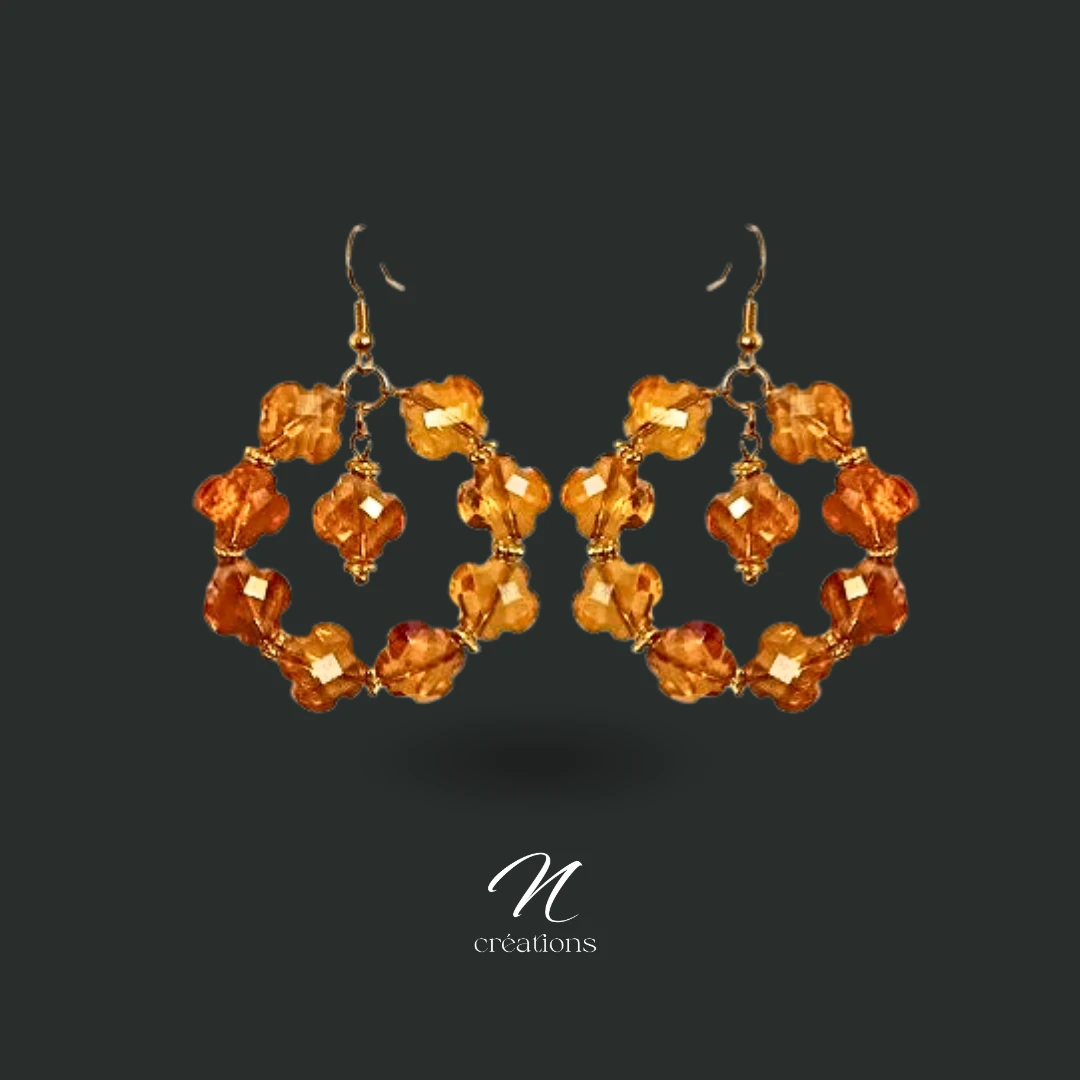 Boucles d'Oreilles Créoles Trèfles en Cristal Ambre