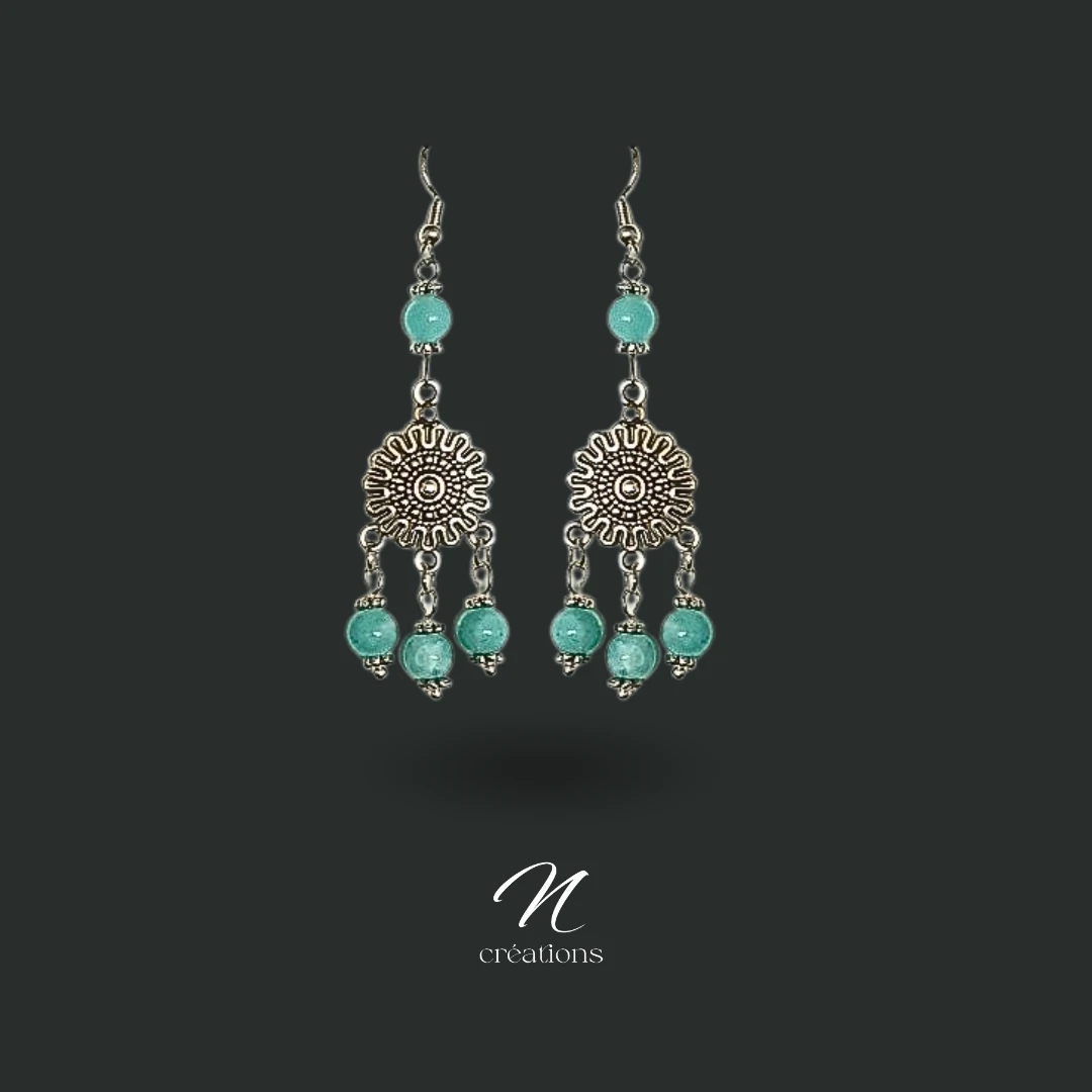 Boucles d'Oreilles Bohème en Acier Inoxydable avec Perles d'Amazonite