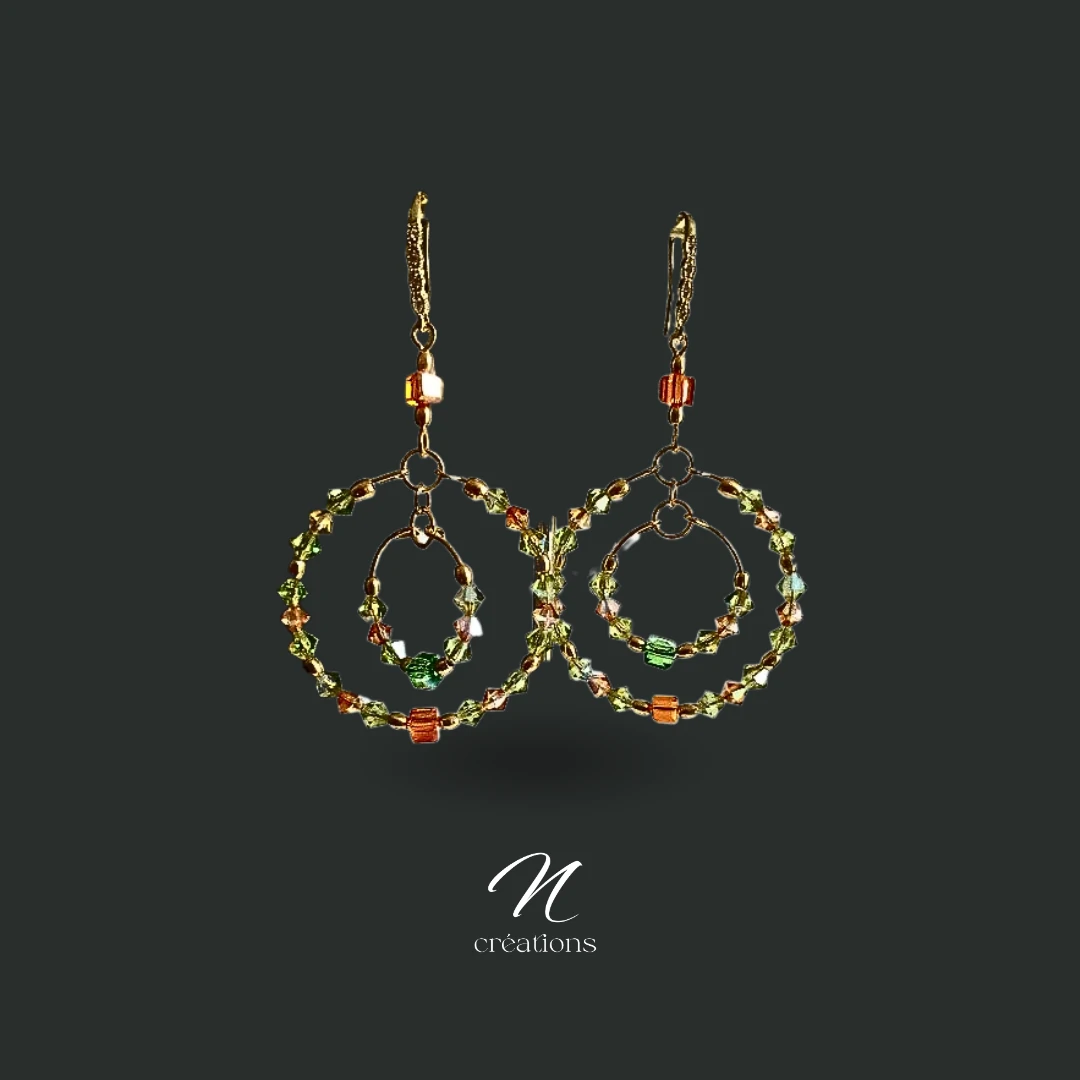 Créoles Doubles Cristaux Pêche et Vert Anis