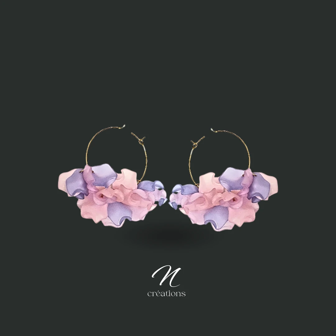 Créoles florales rose poudré mauve