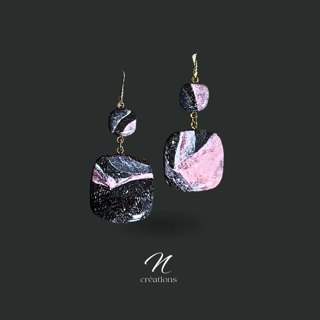 Boucles d’oreilles Carrées Châtaigne & Rose Poudré