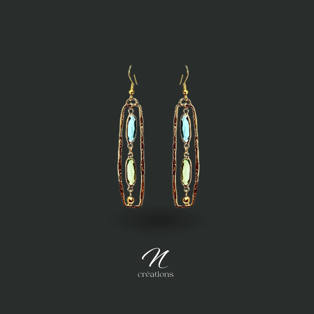 Boucles d’oreilles Rectangulaires Cristal Vert et Bleu