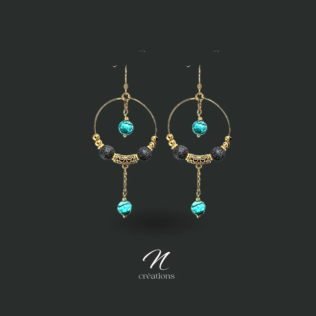 Créoles Turquoise et Pierre de Lave