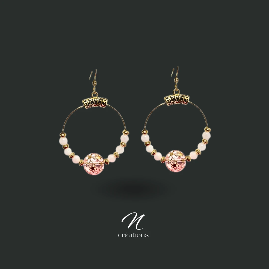 Créoles Fleur de Cerisier et Quartz Rose